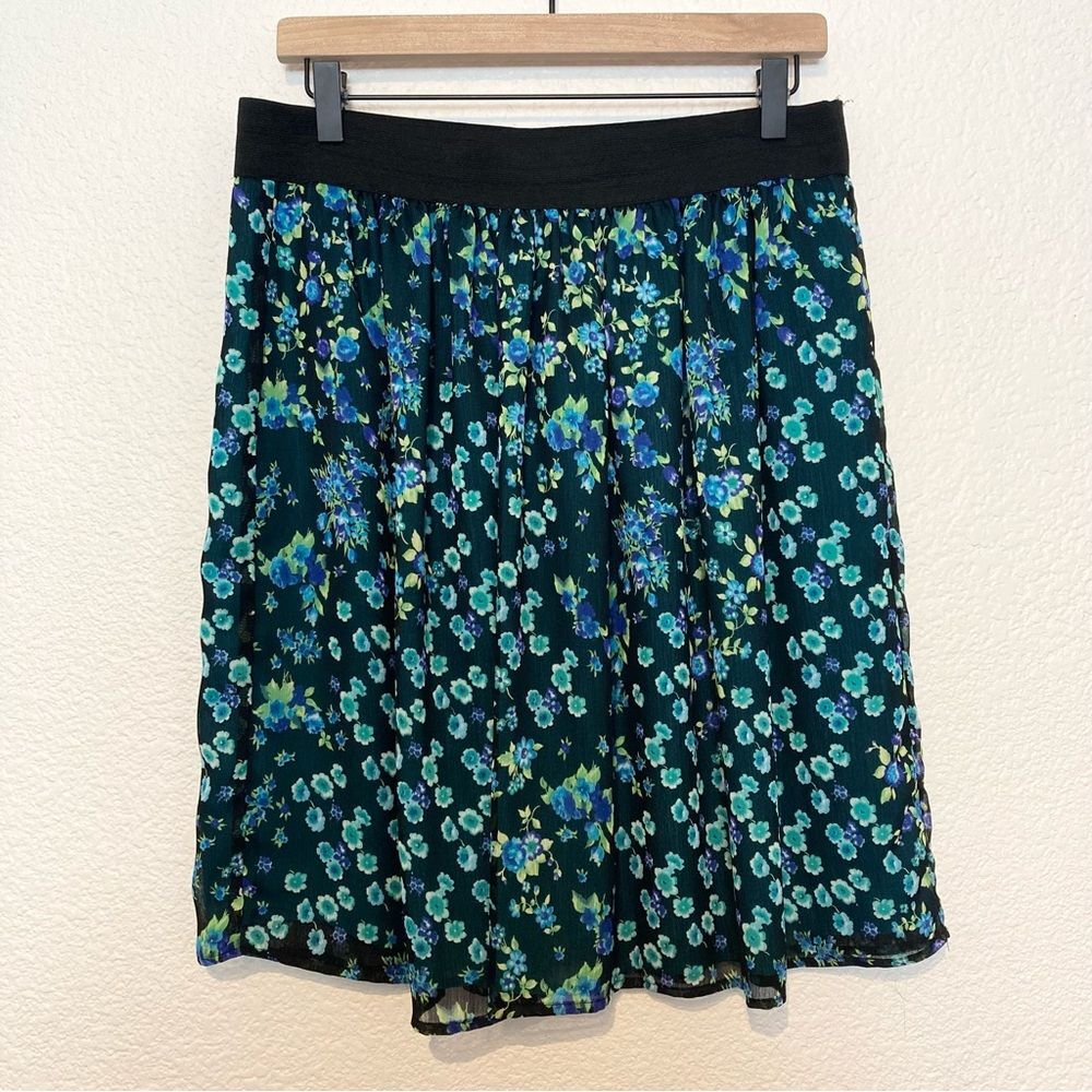 Y2K Vintage Floral Skirt Black Blue Teal Black Waistband Size Large